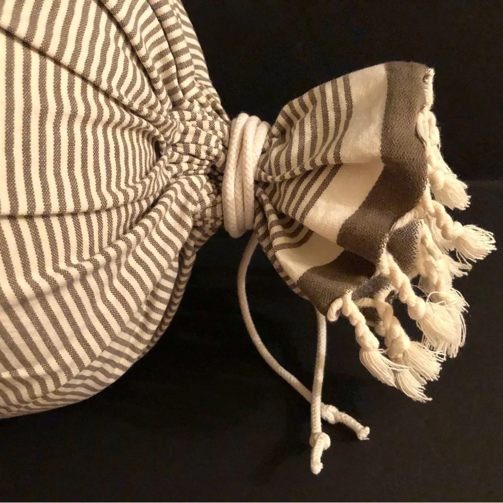 West Elm Striped Cotton Round Bolster Pillow Tie Tassle Ends w/Feather Insert